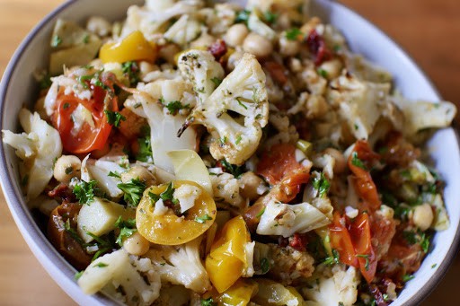 A hearty bowl of Italian style roasted cauliflower salad