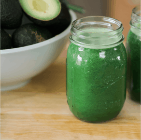 Glass filled with a fruit-free green smoothie