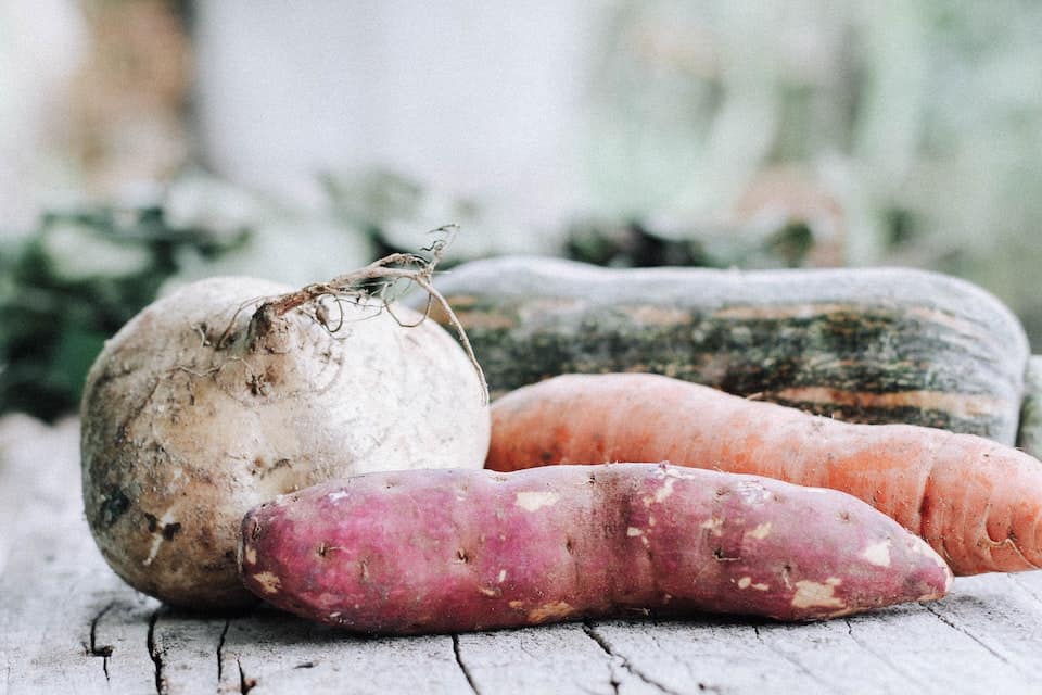 A variety of root vegetables including beets, carrots, and turnips.