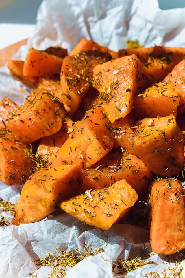 A tray of Sweet Potatoes with Lime and Cilantro ready for the oven