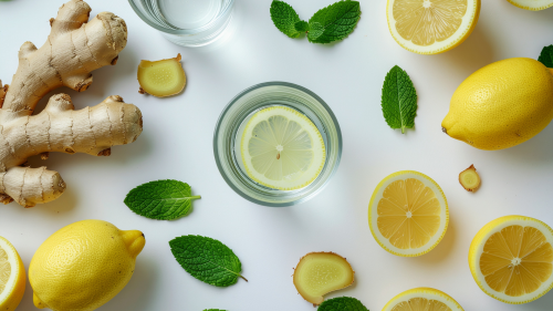 Happy Belly Health, Shanti Pappas, Aperitif Ginger-Aid_ A Non-Alcoholic Aperitif Recipe and Natural Digestive Aid Drink, Flat lay of ACV, ginger, lemon, and sparkling water